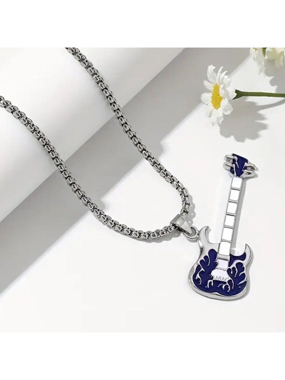 Royal Blue Flaming Guitar with White Neck Rocker Necklace and Pendant 1559